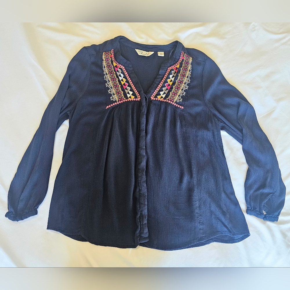 Caffe Marrakesh Blue Embroidered Long Sleeve Button Down Size M BOHO hippie Navy
